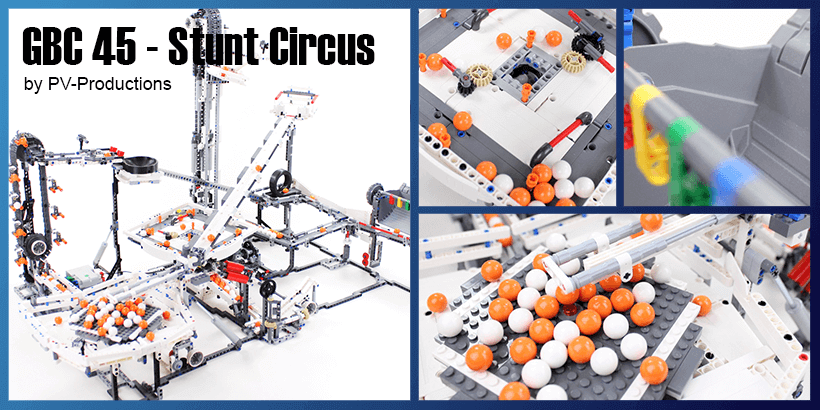 LEGO GBC 45 - Stunt Circus, by PV-Productions | a massive LEGO Great Ball Contraption made with bricks from the LEGO set 42100 "Liebherr R 9800 Excavator"