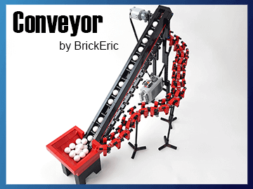 Conveyor - a LEGO Great Ball Contraption (GBC) - a LEGO marble run machine from BrickEric, with free pdf Building instructions available on Planet GBC
