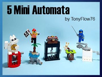 5 mini LEGO automata designed by TonyFlow76 - Including Ninjago figurine, lego bunny, tresure chest, LEGO maneki Neko and shark island | Free building instructions on Planet GBC