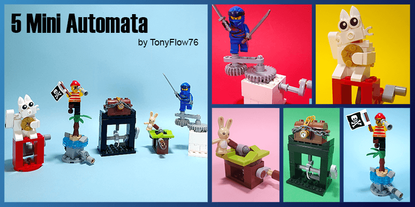 5 mini LEGO automata designed by TonyFlow76 - Including Ninjago figurine, lego bunny, tresure chest, LEGO maneki Neko and shark island | Free building instructions on Planet GBC