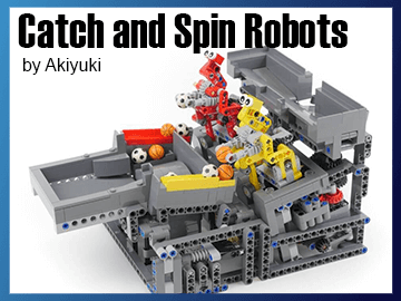 Catch and Spin Robots - a LEGO Great Ball Contraption module from Akiyuki | a red and a yellow robots grabbing balls | building instructions on planet GBC
