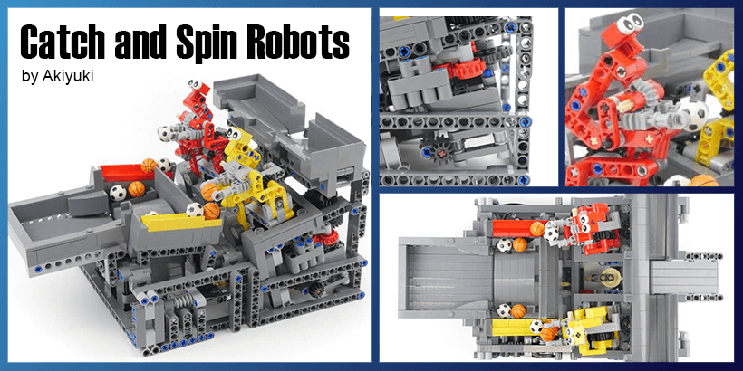Catch and Spin Robots - a LEGO Great Ball Contraption module from Akiyuki | a red and a yellow robots grabbing balls | building instructions on planet GBC