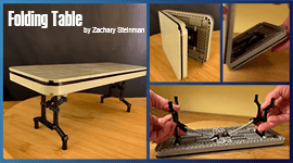 Folding Table is a LEGO MOC designed by Zachary Steinman. This micro-scale replica of a real life object in LEGO bricks has the ability to fold and unfold. Building Instructions and kits available on Planet GBC