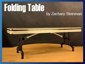 Folding Table is a LEGO MOC designed by Zachary Steinman. This micro-scale replica of a real life object in LEGO bricks has the ability to fold and unfold. Building Instructions and kits available on Planet GBC