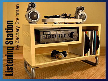 LEGO MOC Vinyl SoundSystem Listening Station, a replica in bricks of a real life furniture with a vintage hi-fi system | designed by Zachary Steinman - Planet GBC
