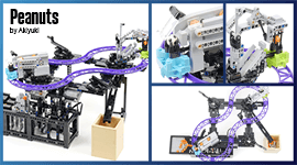 Peanuts - a LEGO Great Ball Contraption module from Akiyuki | two chariots launched full speed with balls on a LEGO rollercoaster track | building instructions on Planet GBC