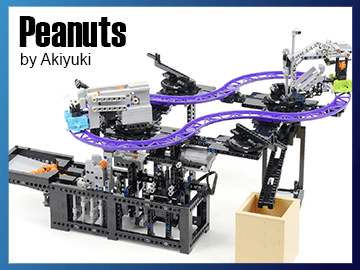 Peanuts - a LEGO Great Ball Contraption module from Akiyuki | two chariots launched full speed with balls on a LEGO rollercoaster track | building instructions on Planet GBC