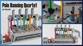 Pole Dancing Quartet - a LEGO Great Ball Contraption module from Akiyuki | four vertical ramps climbed by GBC balls | building instructions and LEGO kits on Planet GBC