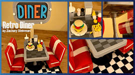 Retro Diner - a LEGO MOC designed by Zachary Steinman | a beautiful restaurant scene from the 60s - happy days | building instructions available on Planet GBC