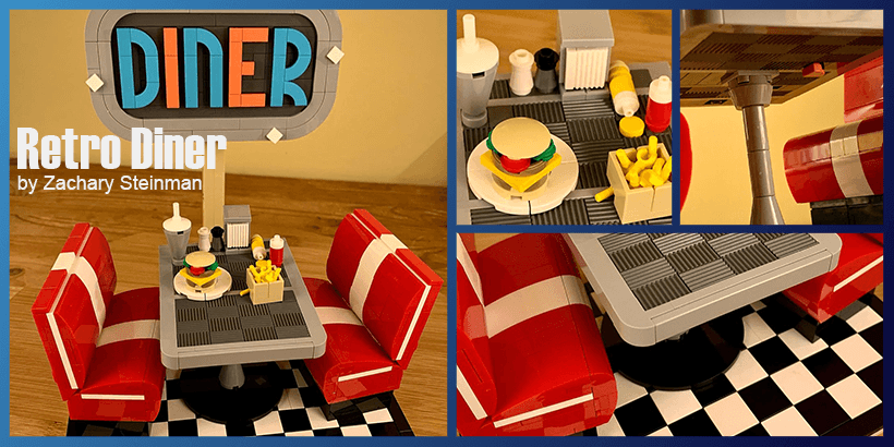 Retro Diner - a LEGO MOC designed by Zachary Steinman | a beautiful restaurant scene from the 60s - happy days | building instructions available on Planet GBC