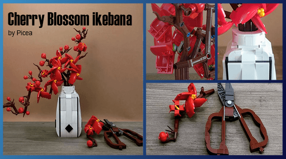 LEGO MOC Cherry Blossom Ikebana, a beautiful LEGO botanical creation with a Japanese tree and scissors | designed by Picea - building instructions and kits available on Planet GBC