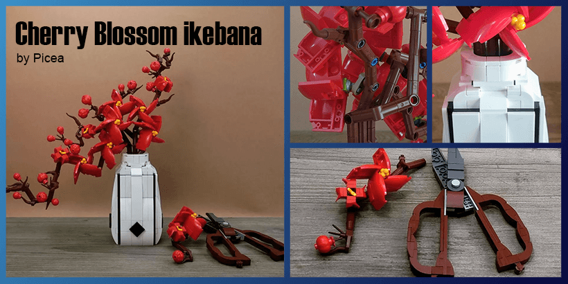 LEGO MOC Cherry Blossom Ikebana, a beautiful LEGO botanical creation with a Japanese tree and scissors | designed by Picea - building instructions and kits available on Planet GBC