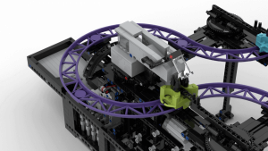 Peanuts - a LEGO Great Ball Contraption module from Akiyuki | GBC balls are grabbed by two arms standing about a LEGO rollercoaster track | building instructions and LEGO kits on Planet GBC